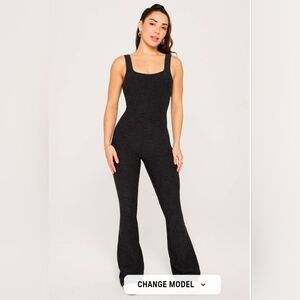 Fabletics HeatherFlex Kick Flare Jumpsuit in Black Heather Athletic Athleisure